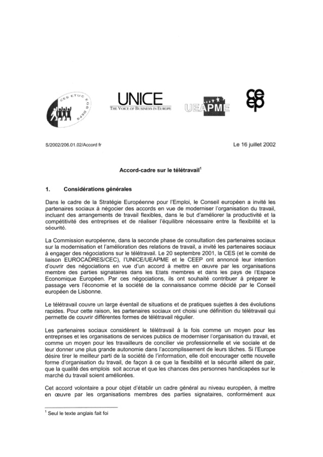 accord cadre teletravail 16 juillet 2002