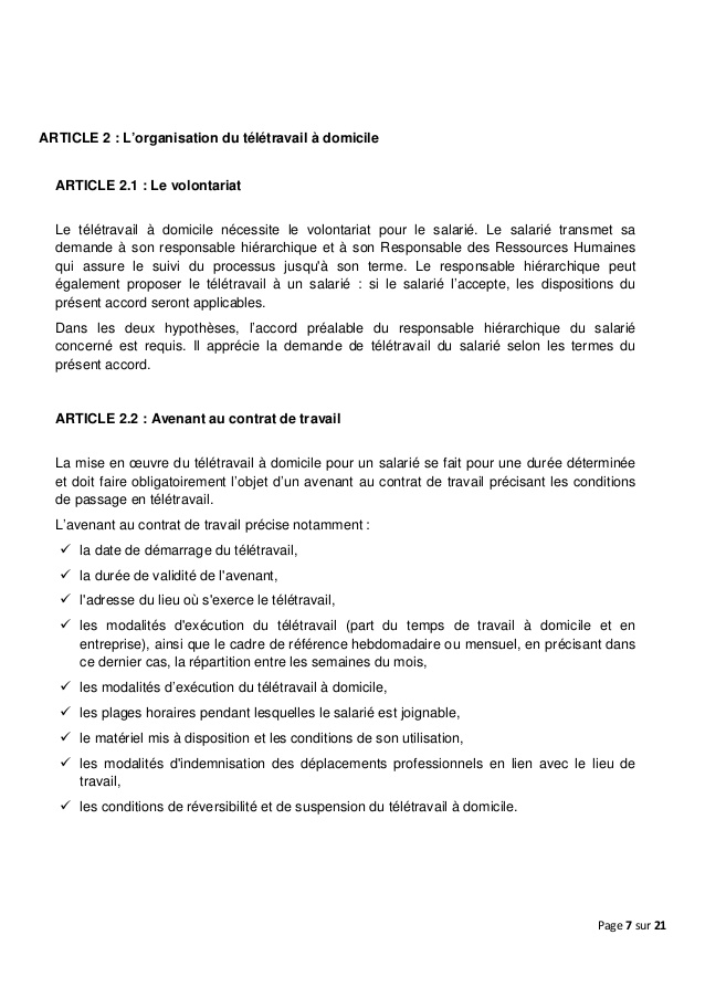 contrat de teletravail a domicile