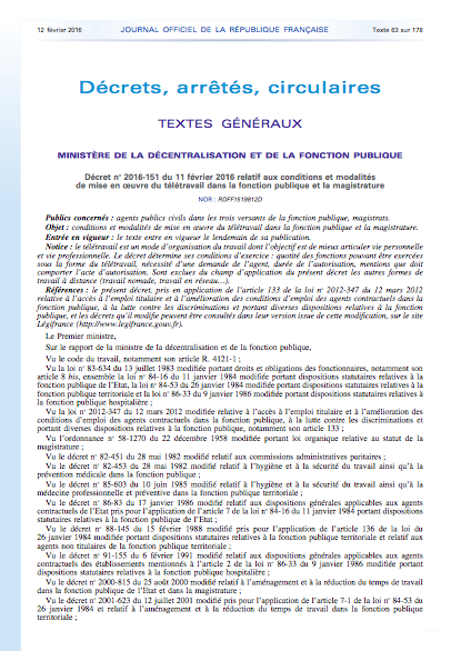 decret teletravail 12 fevrier 2016