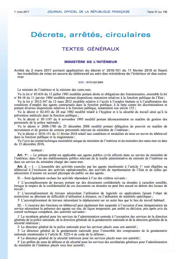 decret teletravail 12 fevrier 2016