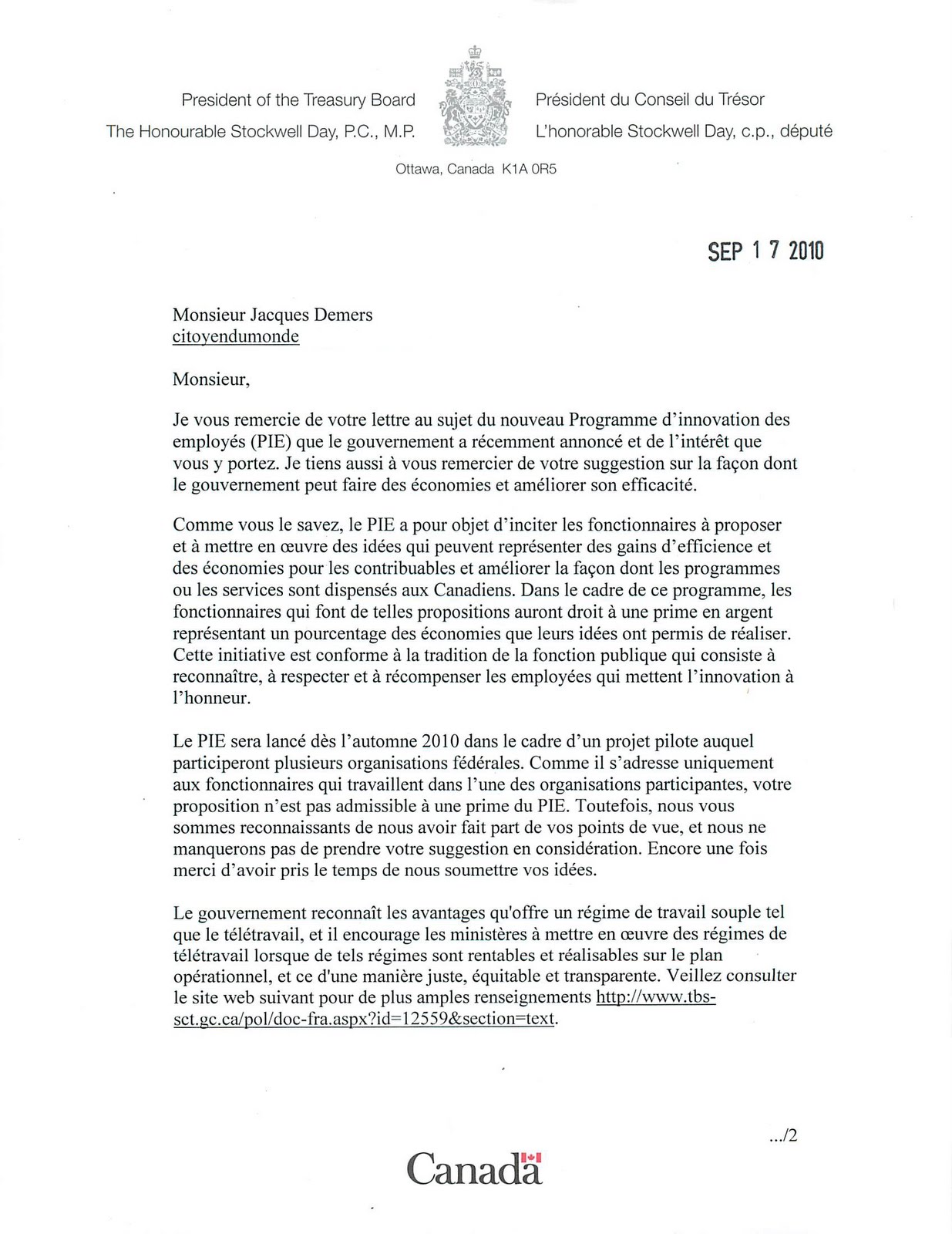 teletravail gouvernement canada